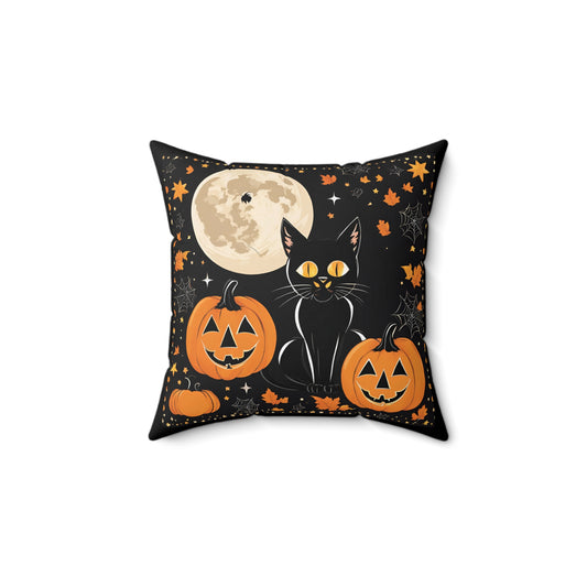 Spun Polyester Pillow - Spooky Black Cat and Pumpkin Scene